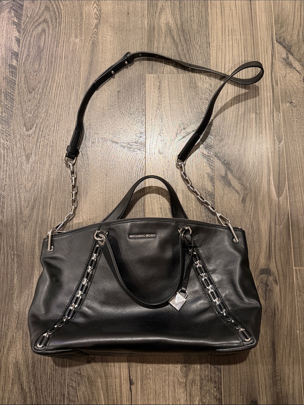 Michael Kors Black Leather Shoulder Tote with Chain-Trim